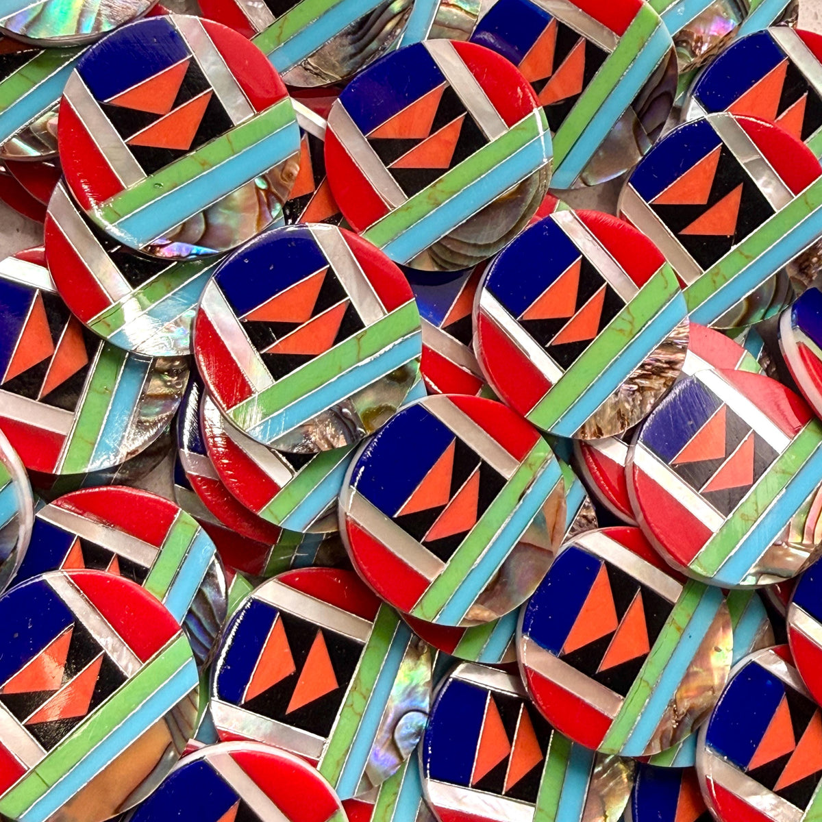 Native Style Inlay Beads - Spiny Oyster Shell, Lapis, Turquoise, Coral, Abalone & Mother of Pearl - Double Sided 20mm Coin - 10 Beads (F401)