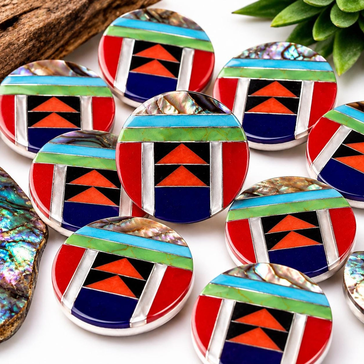 Native Style Inlay Beads - Spiny Oyster Shell, Lapis, Turquoise, Coral, Abalone & Mother of Pearl - Double Sided 20mm Coin - 10 Beads (F401)