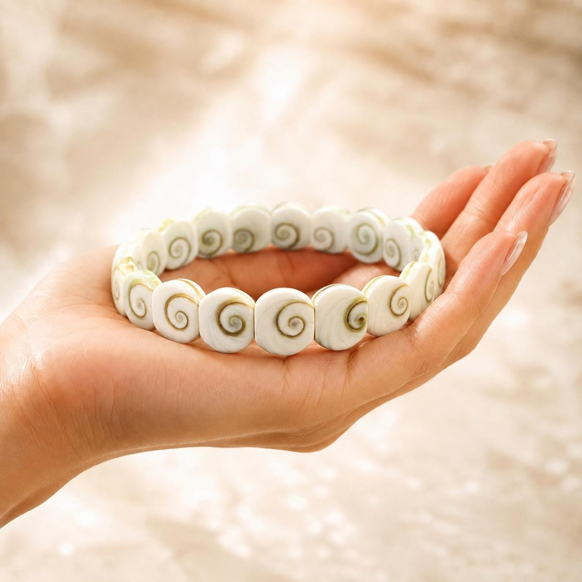 2in1 DOUBLET Shiva Eye Shell Beads Bracelet From Indo-Pacific (Symmetrical Spiral Pattern) Small Batch Production - Smooth 10X12mm