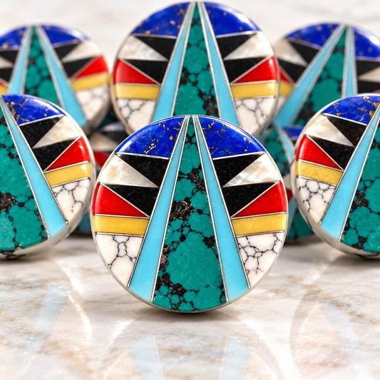 Native Style Inlay Beads - Natural Turquoise, Lapis, Coral, Mother of Pearl, Black Onyx, Howlite - Double Sided 20mm Coin - 10 Beads (F402)