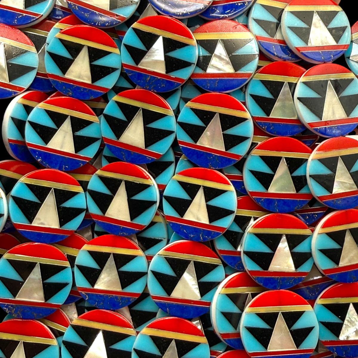 Native Style Inlay Beads - Turquoise, Lapis Lazuli, Coral, Mother of Pearl, Black Onyx - Double Sided 20mm Coin - 10 Beads (F403)