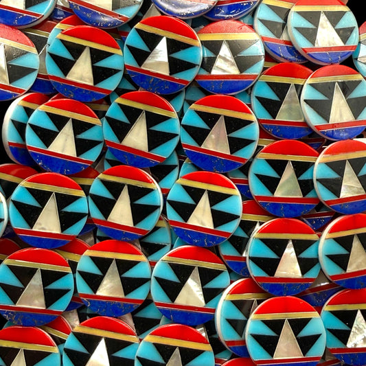 Native Style Inlay Beads - Turquoise, Lapis Lazuli, Coral, Mother of Pearl, Black Onyx - Double Sided 20mm Coin - 10 Beads (F403)