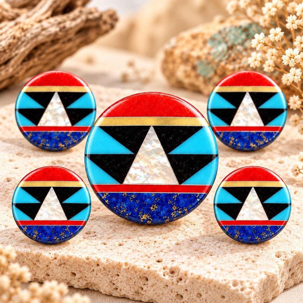 Native Style Inlay Beads - Turquoise, Lapis Lazuli, Coral, Mother of Pearl, Black Onyx - Double Sided 20mm Coin - 10 Beads (F403)