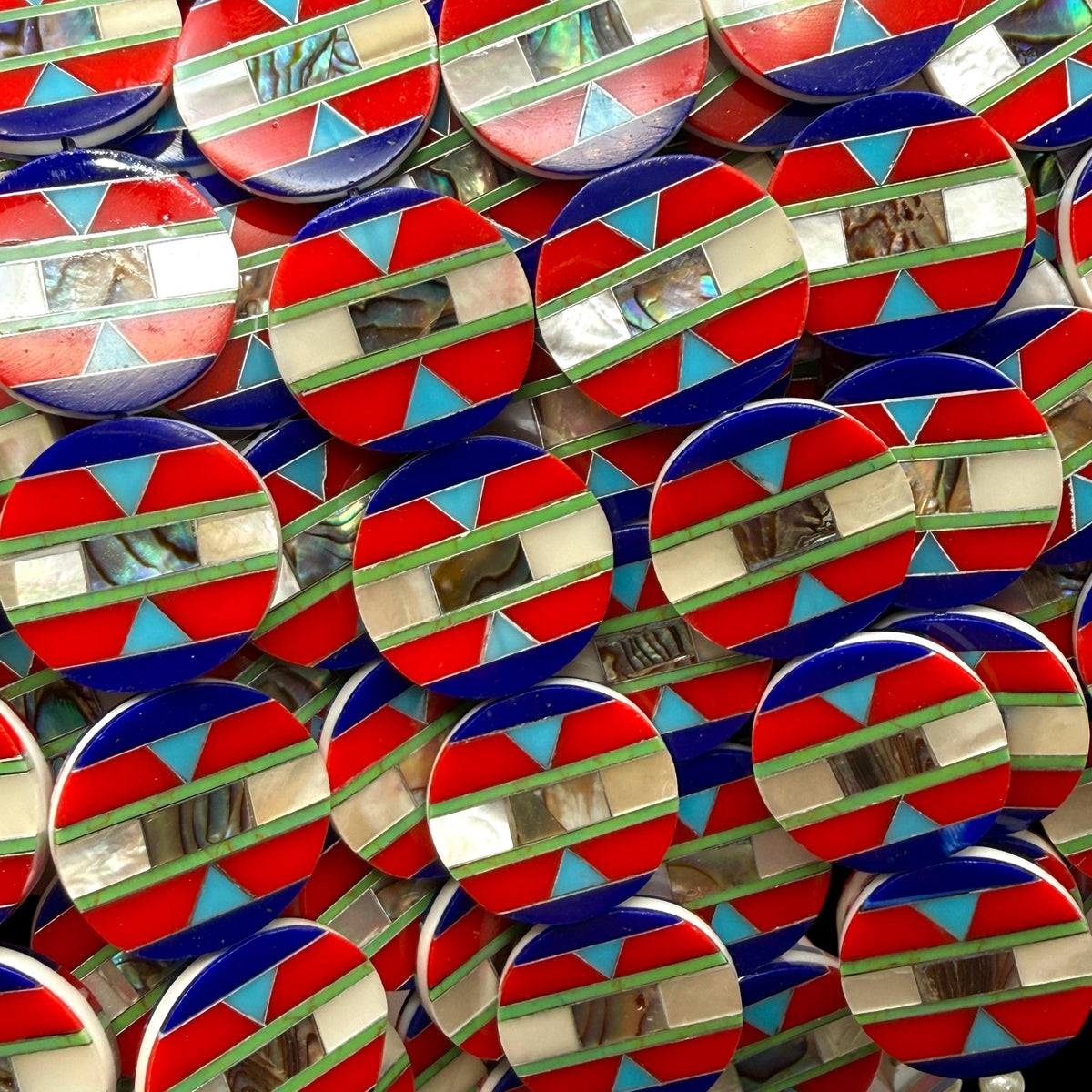 Native Style Inlay Beads - Abalone, Turquoise, Lapis Lazuli, Coral and Mother of Pearl - Double Sided 20mm Coin - 8 Inches - 10 Beads (F404)