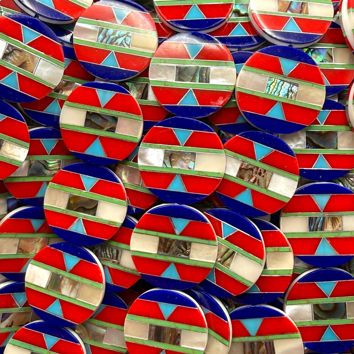 Native Style Inlay Beads - Abalone, Turquoise, Lapis Lazuli, Coral and Mother of Pearl - Double Sided 20mm Coin - 8 Inches - 10 Beads (F404)