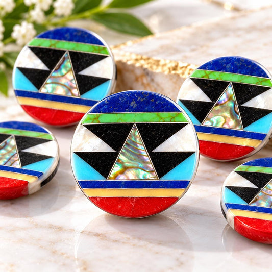 Native Style Inlay Beads - Abalone, Turquoise, Lapis Lazuli, Coral and Mother of Pearl - Double Sided 20mm Coin - 8 Inches - 10 Beads (F405)