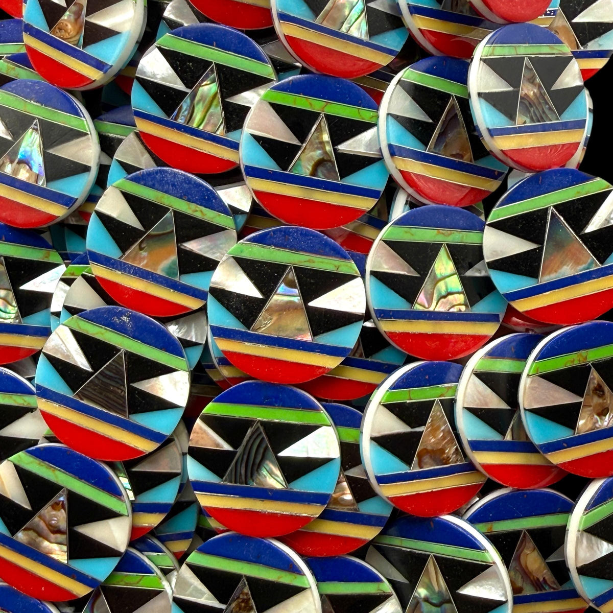 Native Style Inlay Beads - Abalone, Turquoise, Lapis Lazuli, Coral and Mother of Pearl - Double Sided 20mm Coin - 8 Inches - 10 Beads (F405)