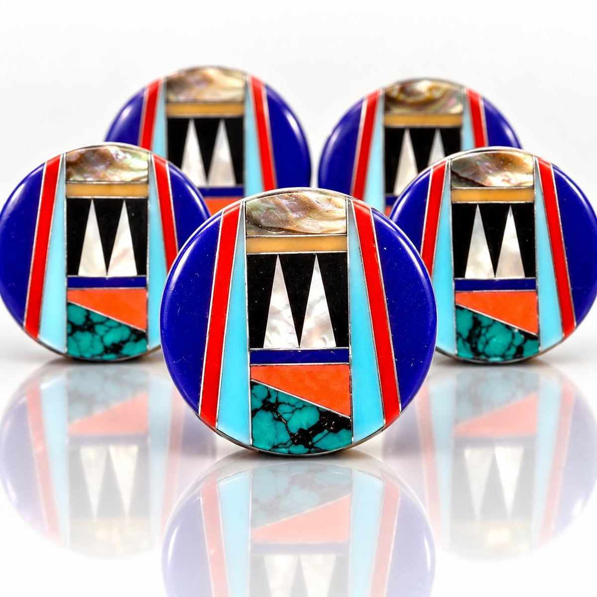 Native Style Inlay Beads - Spiny Oyster Shell, Abalone, Lapis, Turquoise, Coral, MOP and Onyx - Double Sided 20mm Coin - 10 Beads (F406)