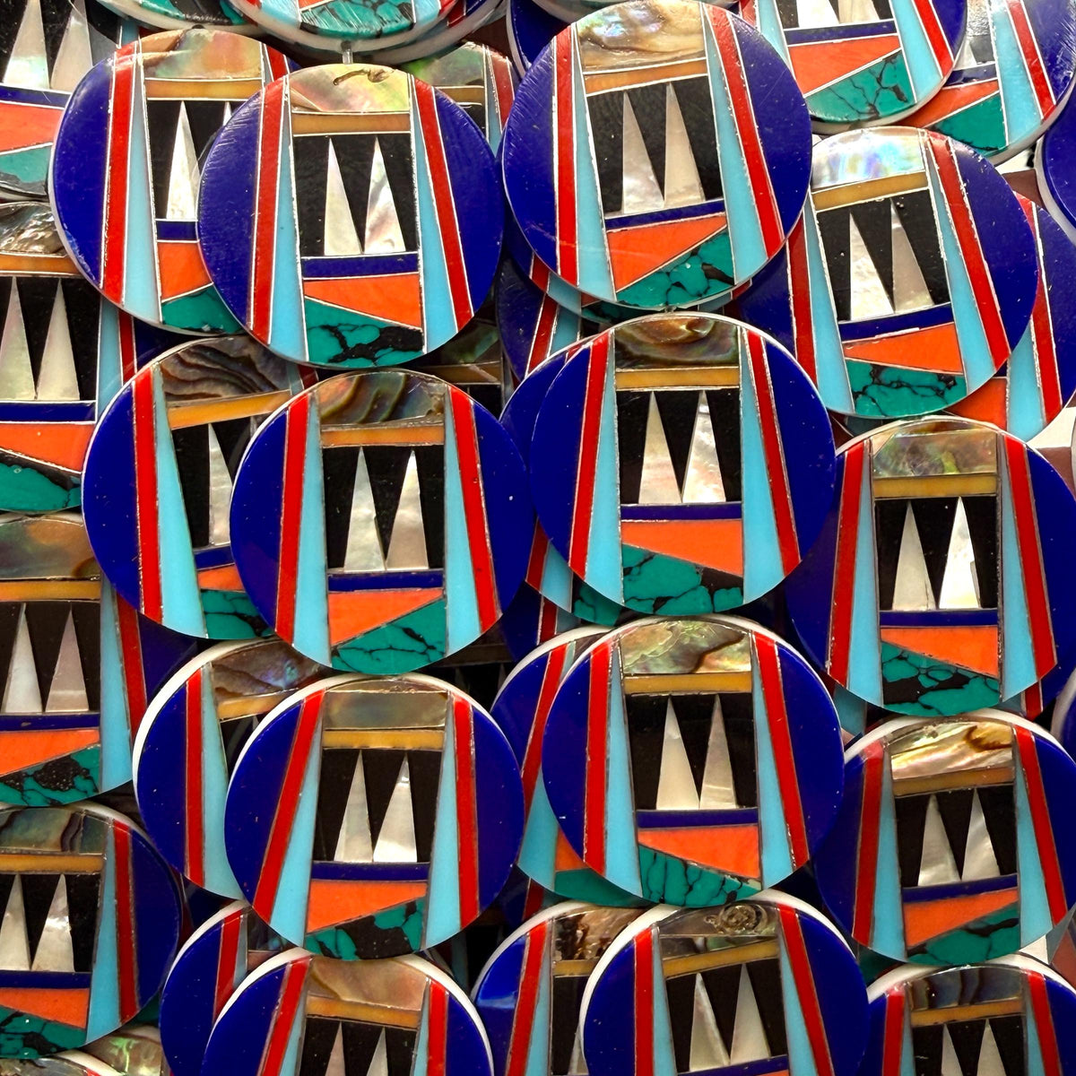 Native Style Inlay Beads - Spiny Oyster Shell, Abalone, Lapis, Turquoise, Coral, MOP and Onyx - Double Sided 20mm Coin - 10 Beads (F406)