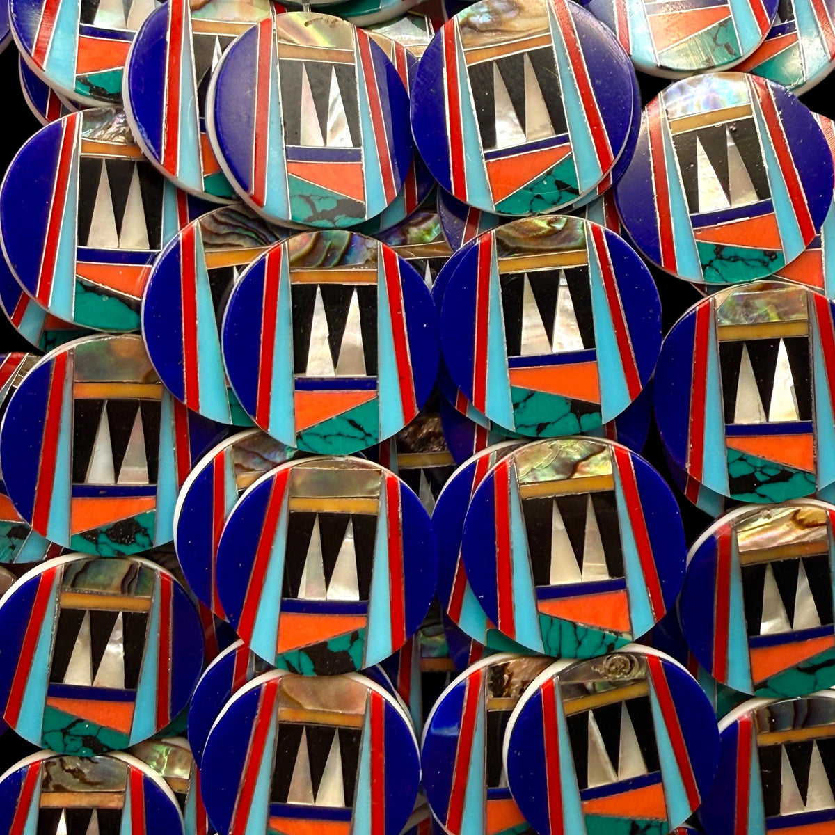 Native Style Inlay Beads - Spiny Oyster Shell, Abalone, Lapis, Turquoise, Coral, MOP and Onyx - Double Sided 20mm Coin - 10 Beads (F406)
