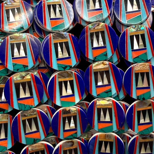 Native Style Inlay Beads - Spiny Oyster Shell, Abalone, Lapis, Turquoise, Coral, MOP and Onyx - Double Sided 20mm Coin - 10 Beads (F406)