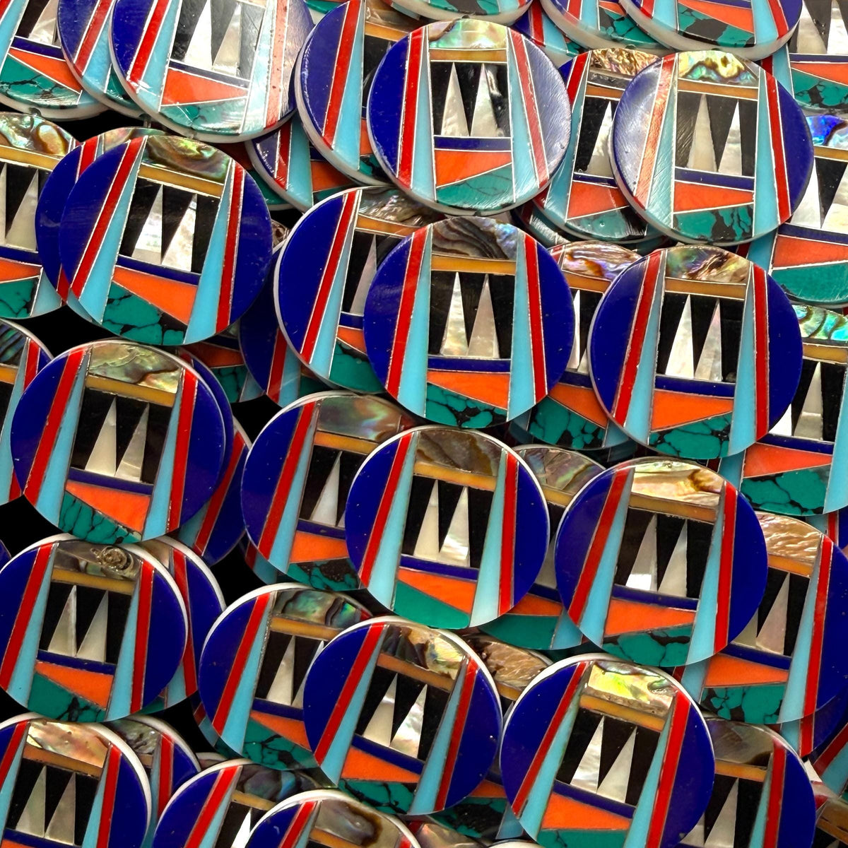 Native Style Inlay Beads - Spiny Oyster Shell, Abalone, Lapis, Turquoise, Coral, MOP and Onyx - Double Sided 20mm Coin - 10 Beads (F406)