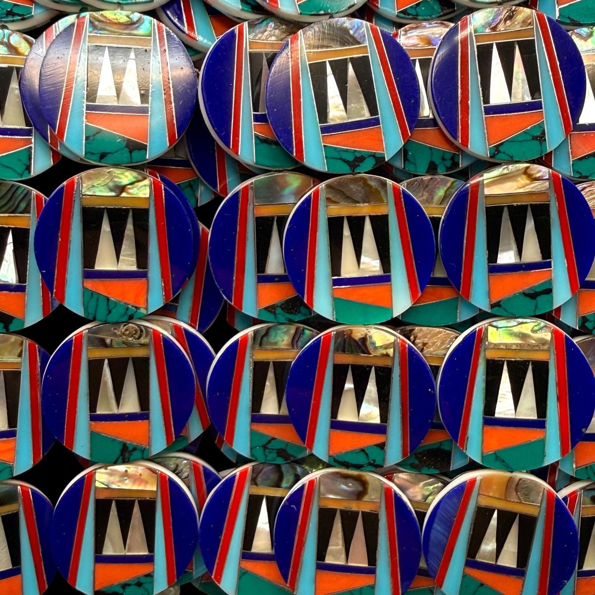 Native Style Inlay Beads - Spiny Oyster Shell, Abalone, Lapis, Turquoise, Coral, MOP and Onyx - Double Sided 20mm Coin - 10 Beads (F406)