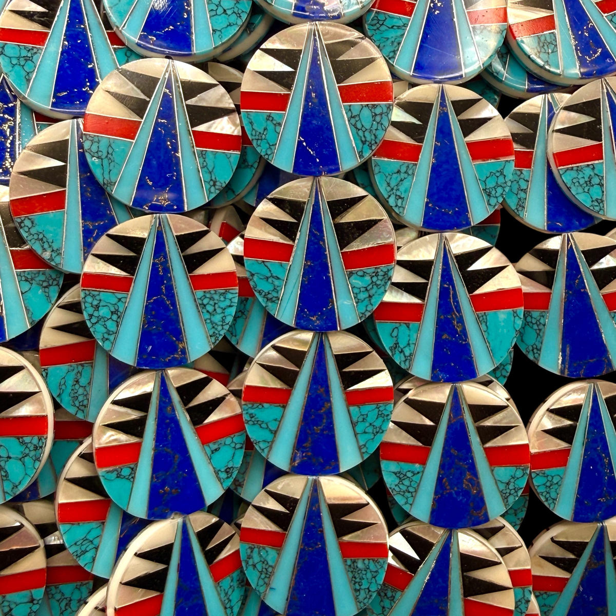 Native Style Inlay Beads - Turquoise, Lapis Lazuli, Coral, Mother of Pearl and Black Onyx - Double Sided 20mm Coin - 10 Beads (F407)