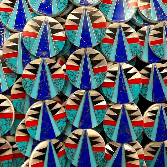 Native Style Inlay Beads - Turquoise, Lapis Lazuli, Coral, Mother of Pearl and Black Onyx - Double Sided 20mm Coin - 10 Beads (F407)