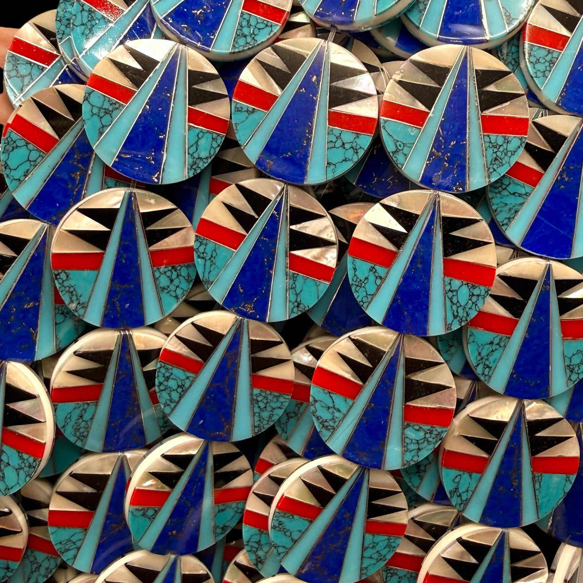 Native Style Inlay Beads - Turquoise, Lapis Lazuli, Coral, Mother of Pearl and Black Onyx - Double Sided 20mm Coin - 10 Beads (F407)