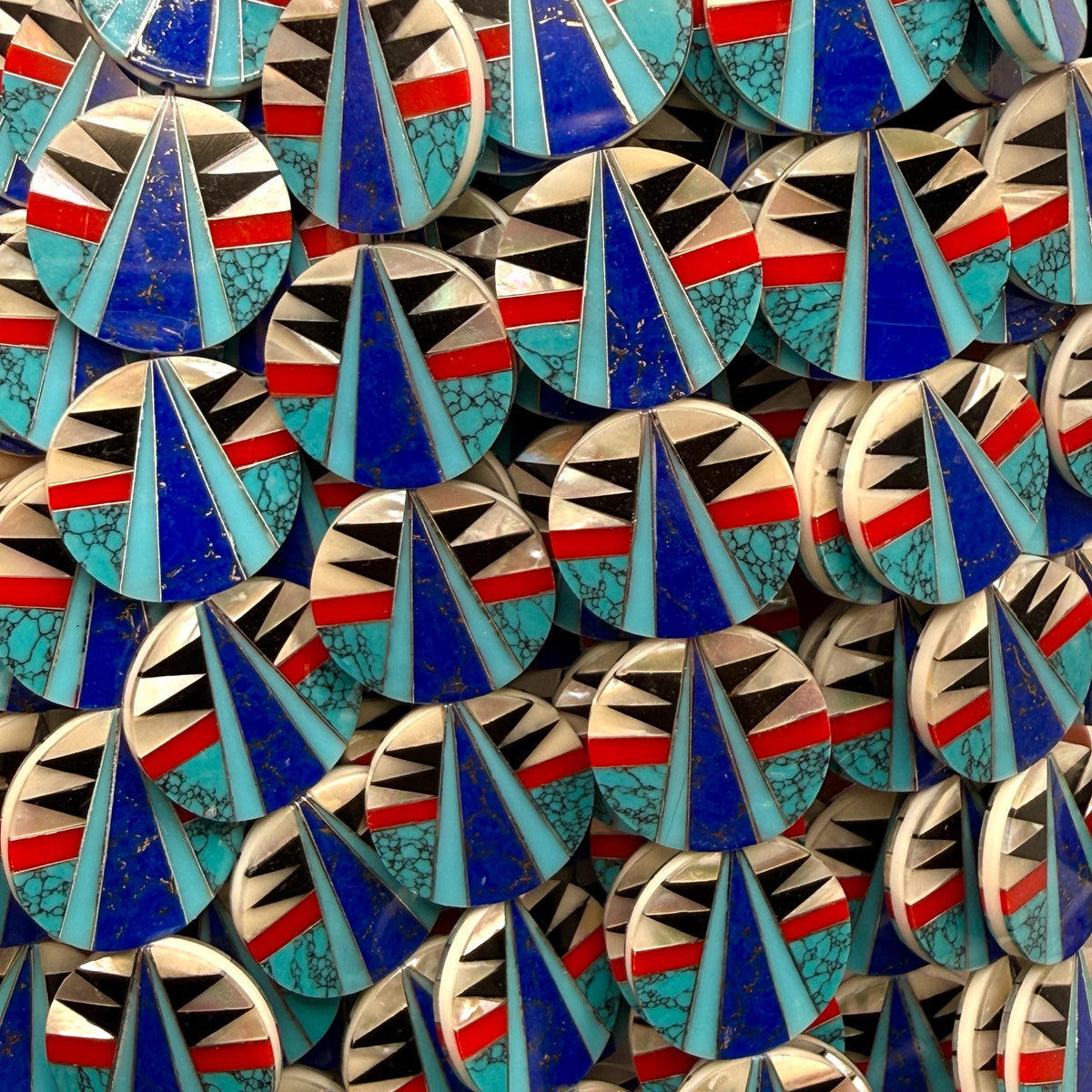 Native Style Inlay Beads - Turquoise, Lapis Lazuli, Coral, Mother of Pearl and Black Onyx - Double Sided 20mm Coin - 10 Beads (F407)