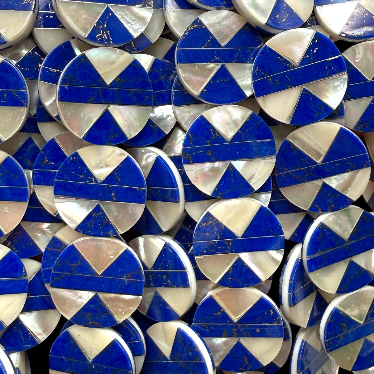 Native Style Inlay Beads - Lapis Lazuli with Pyrite Inclusion and Mother of Pearl - Double Sided 20mm Coin - 8 Inches - 10 Beads (F408)