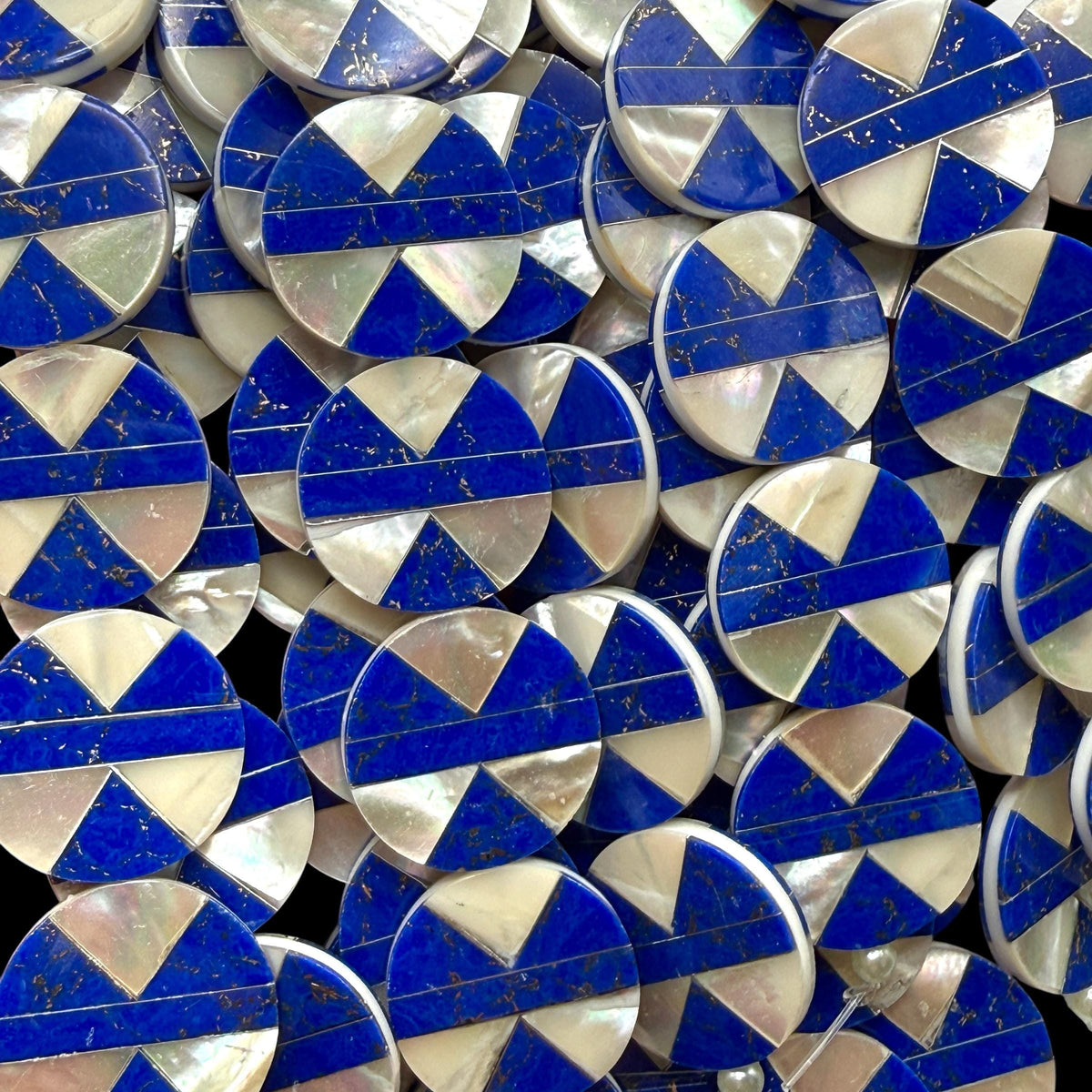 Native Style Inlay Beads - Lapis Lazuli with Pyrite Inclusion and Mother of Pearl - Double Sided 20mm Coin - 8 Inches - 10 Beads (F408)