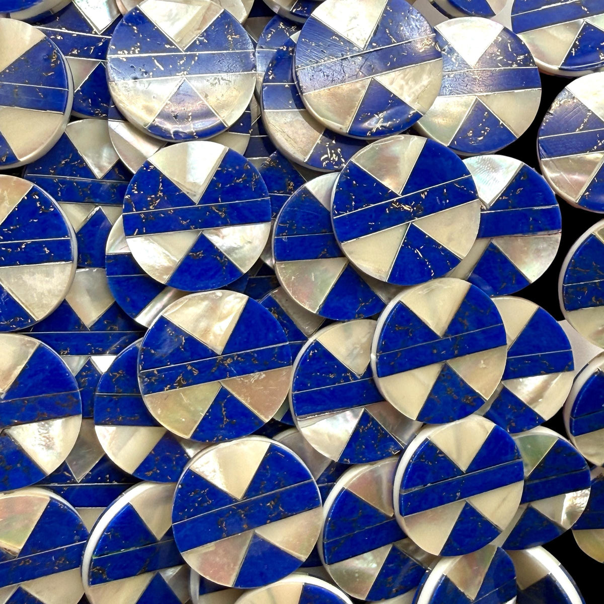 Native Style Inlay Beads - Lapis Lazuli with Pyrite Inclusion and Mother of Pearl - Double Sided 20mm Coin - 8 Inches - 10 Beads (F408)