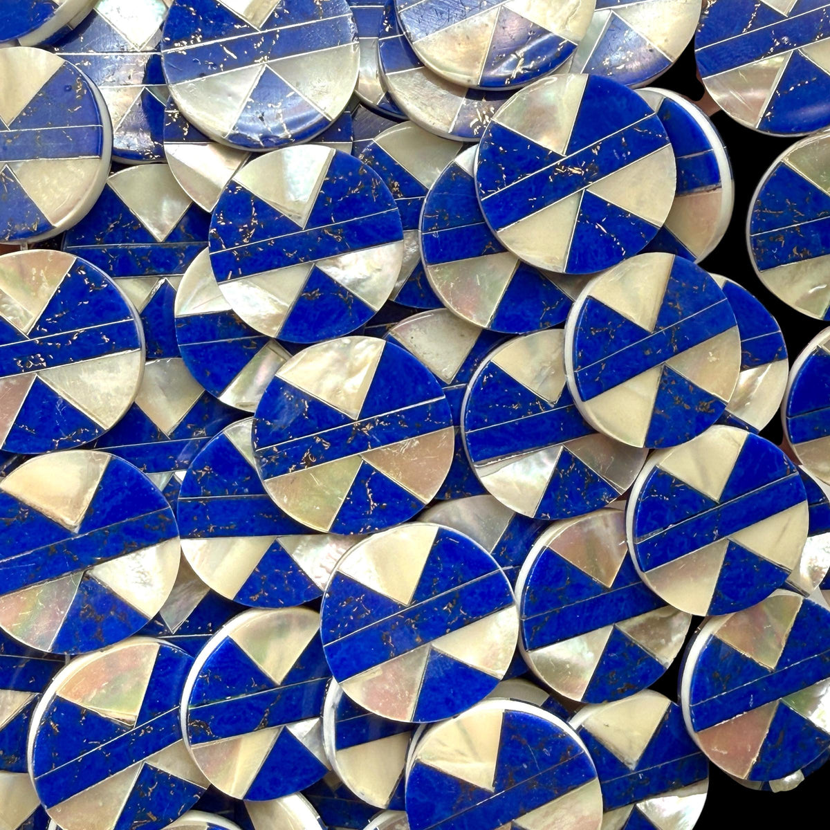 Native Style Inlay Beads - Lapis Lazuli with Pyrite Inclusion and Mother of Pearl - Double Sided 20mm Coin - 8 Inches - 10 Beads (F408)
