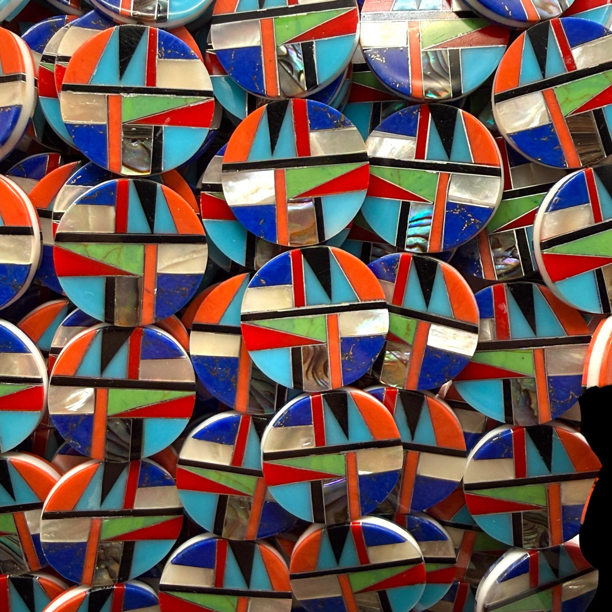 Native Style Inlay Beads - Spiny Oyster Shell, Abalone, Lapis, Turquoise, Coral, MOP and Onyx - Double Sided 20mm Coin - 10 Beads (F409)