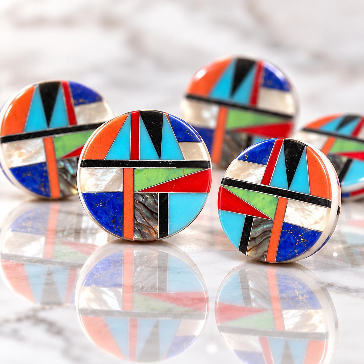 Native Style Inlay Beads - Spiny Oyster Shell, Abalone, Lapis, Turquoise, Coral, MOP and Onyx - Double Sided 20mm Coin - 10 Beads (F409)