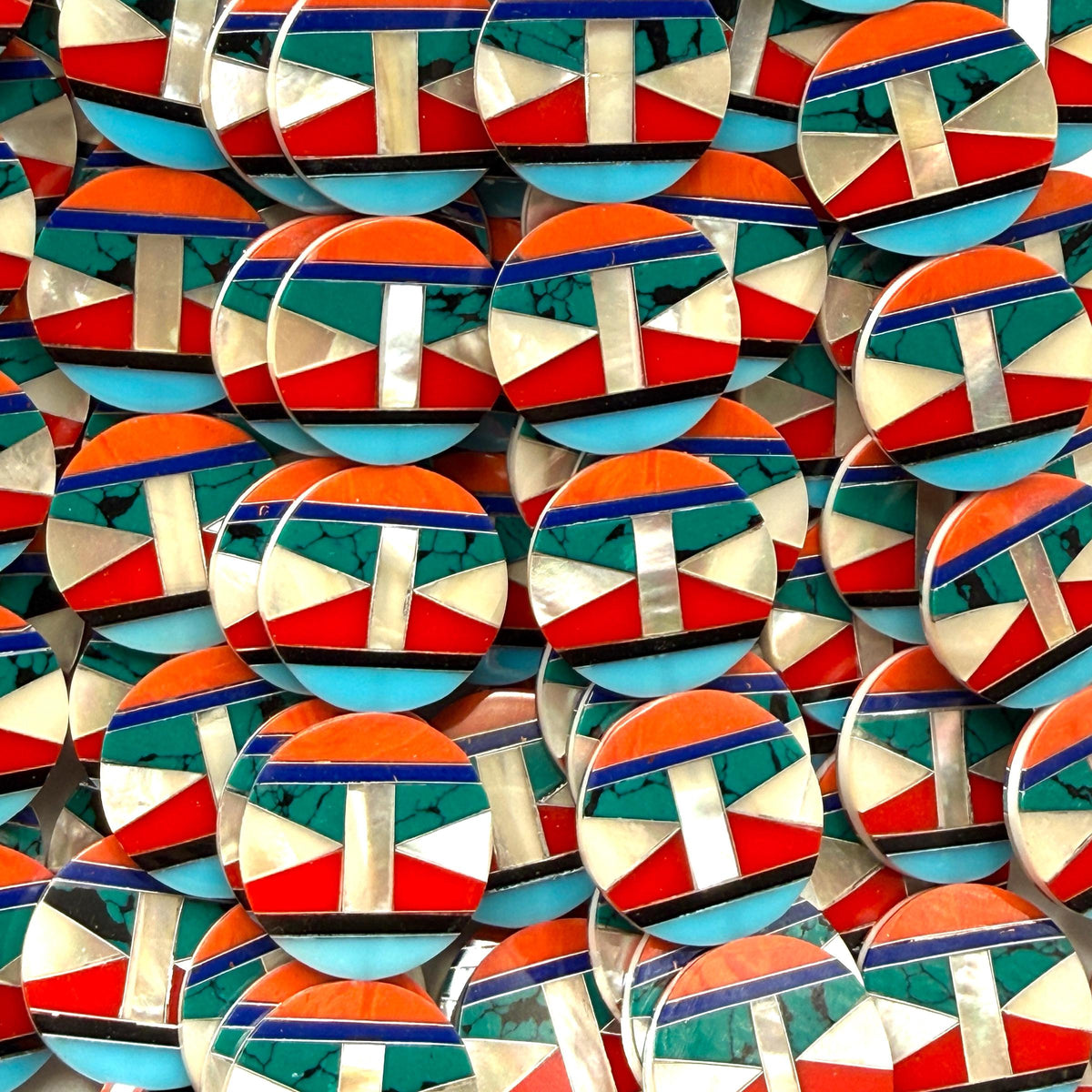 Native Style Inlay Beads - Spiny Oyster Shell, Lapis, Turquoise, Coral, Mother of Pearl and Onyx - Double Sided 20mm Coin - 10 Beads (F410)