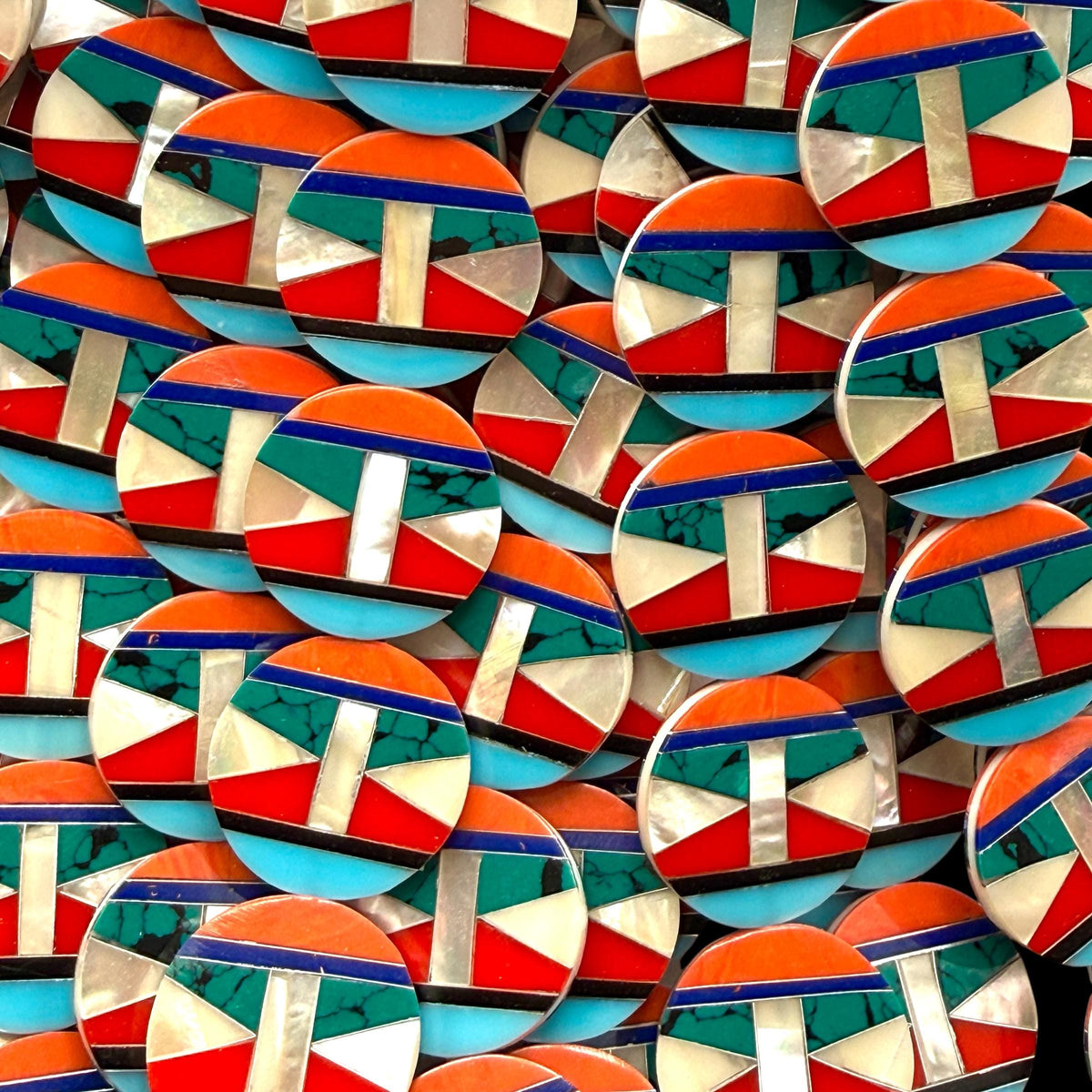 Native Style Inlay Beads - Spiny Oyster Shell, Lapis, Turquoise, Coral, Mother of Pearl and Onyx - Double Sided 20mm Coin - 10 Beads (F410)