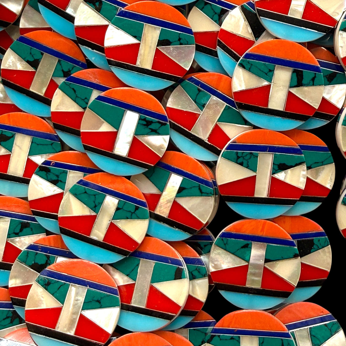 Native Style Inlay Beads - Spiny Oyster Shell, Lapis, Turquoise, Coral, Mother of Pearl and Onyx - Double Sided 20mm Coin - 10 Beads (F410)