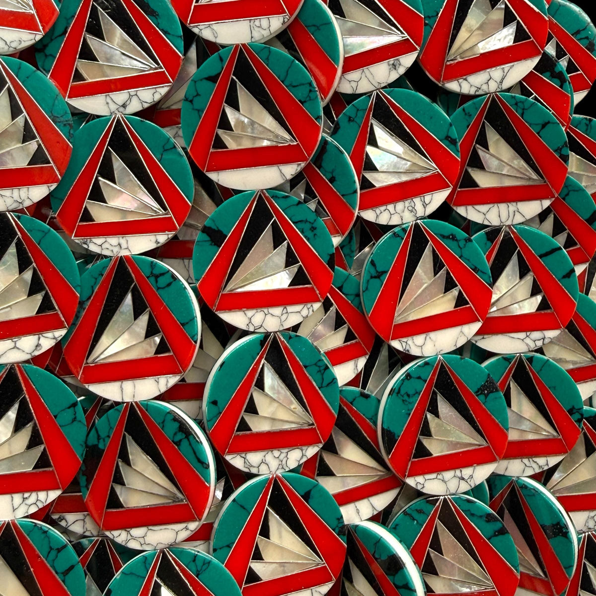 Native Style Inlay Beads - Turquoise, Red Coral, Mother of Pearl, Black Onyx, Howlite - Double Sided 20mm Coin - 10 Beads (F411)