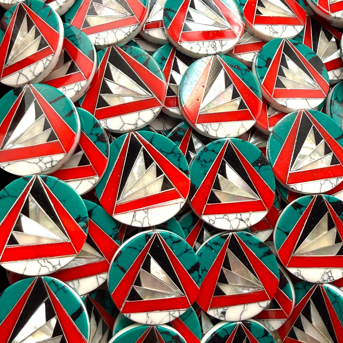 Native Style Inlay Beads - Turquoise, Red Coral, Mother of Pearl, Black Onyx, Howlite - Double Sided 20mm Coin - 10 Beads (F411)
