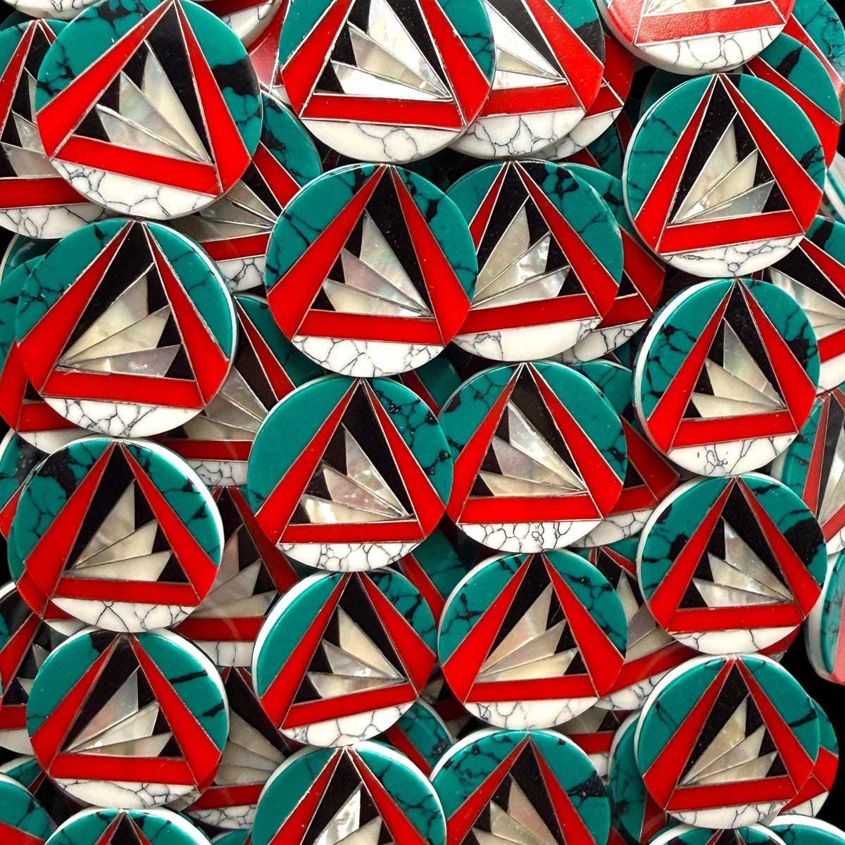 Native Style Inlay Beads - Turquoise, Red Coral, Mother of Pearl, Black Onyx, Howlite - Double Sided 20mm Coin - 10 Beads (F411)