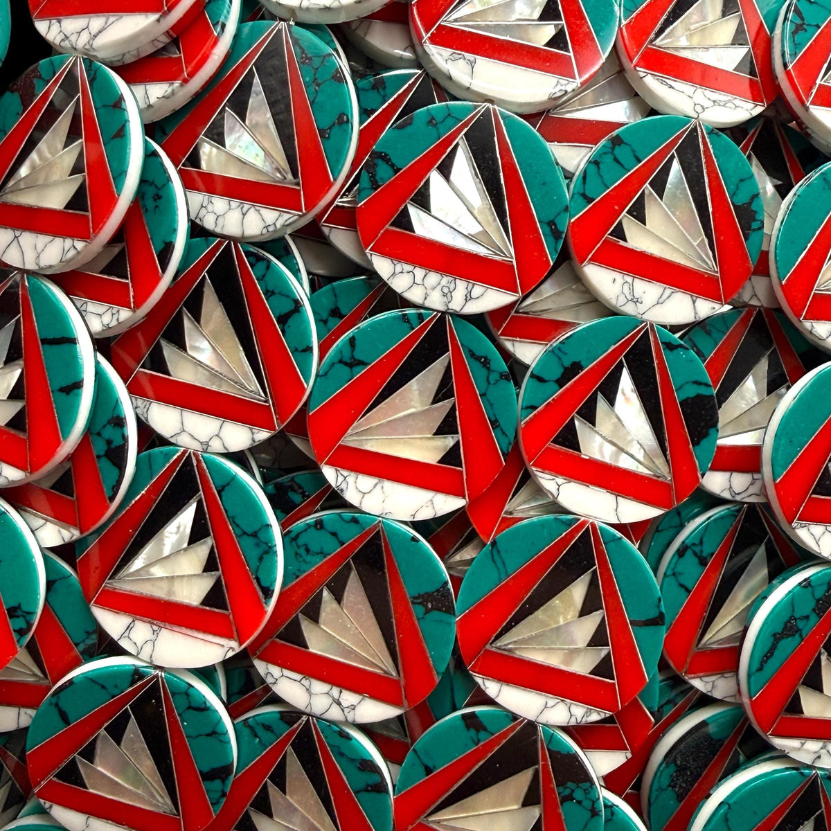 Native Style Inlay Beads - Turquoise, Red Coral, Mother of Pearl, Black Onyx, Howlite - Double Sided 20mm Coin - 10 Beads (F411)