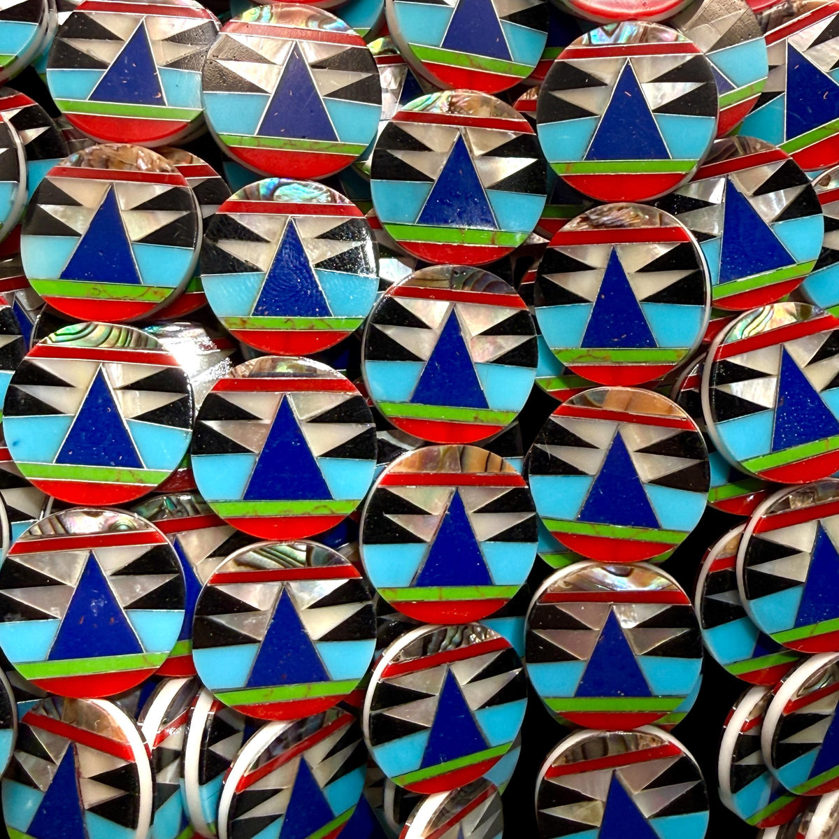 Native Style Inlay Beads - Turquoise, Lapis Lazuli, Coral, Mother of Pearl and Black Onyx - Double Sided 20mm Coin - 10 Beads (F412)