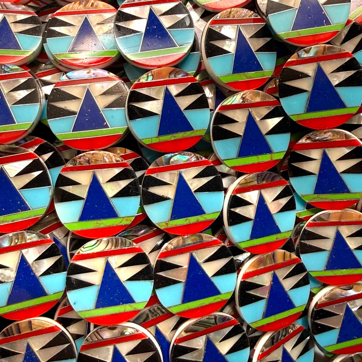 Native Style Inlay Beads - Turquoise, Lapis Lazuli, Coral, Mother of Pearl and Black Onyx - Double Sided 20mm Coin - 10 Beads (F412)
