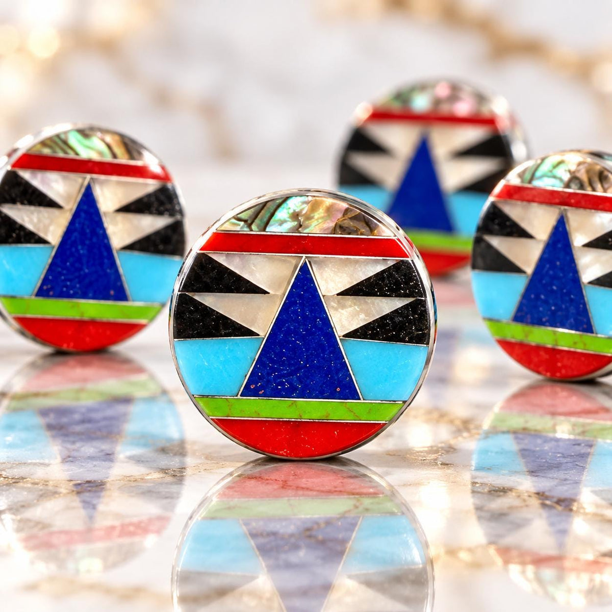 Native Style Inlay Beads - Turquoise, Lapis Lazuli, Coral, Mother of Pearl and Black Onyx - Double Sided 20mm Coin - 10 Beads (F412)