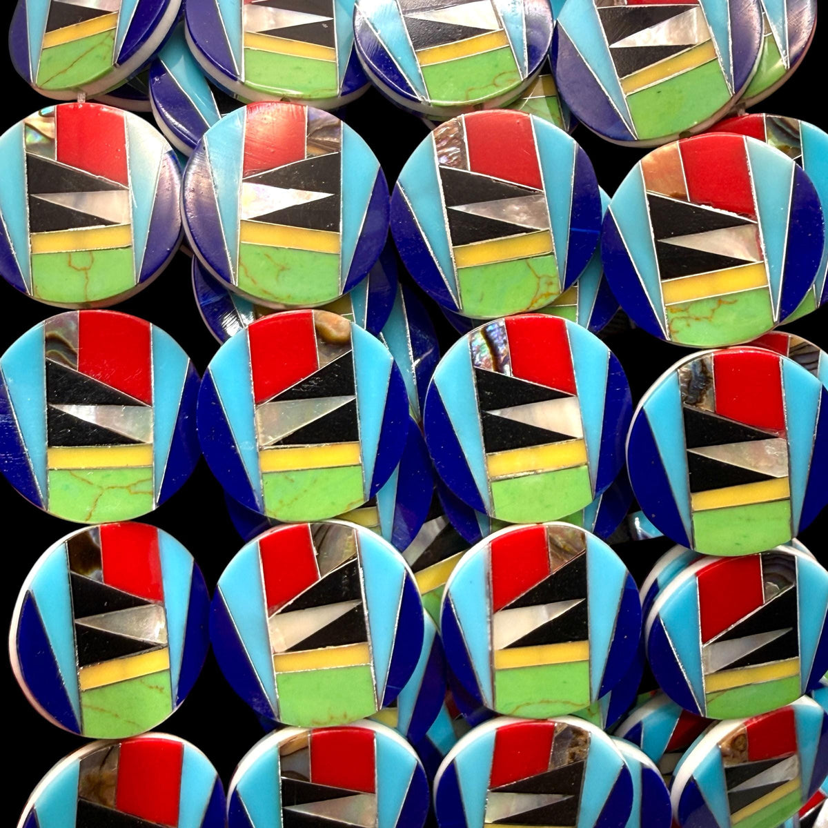 Native Style Inlay Beads - Turquoise, Abalone, Lapis, Coral, Mother of Pearl and Black Onyx - Double Sided 20mm Coin - 10 Beads (F413)