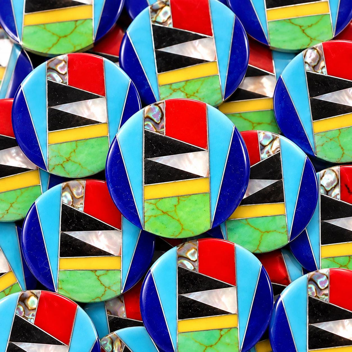 Native Style Inlay Beads - Turquoise, Abalone, Lapis, Coral, Mother of Pearl and Black Onyx - Double Sided 20mm Coin - 10 Beads (F413)