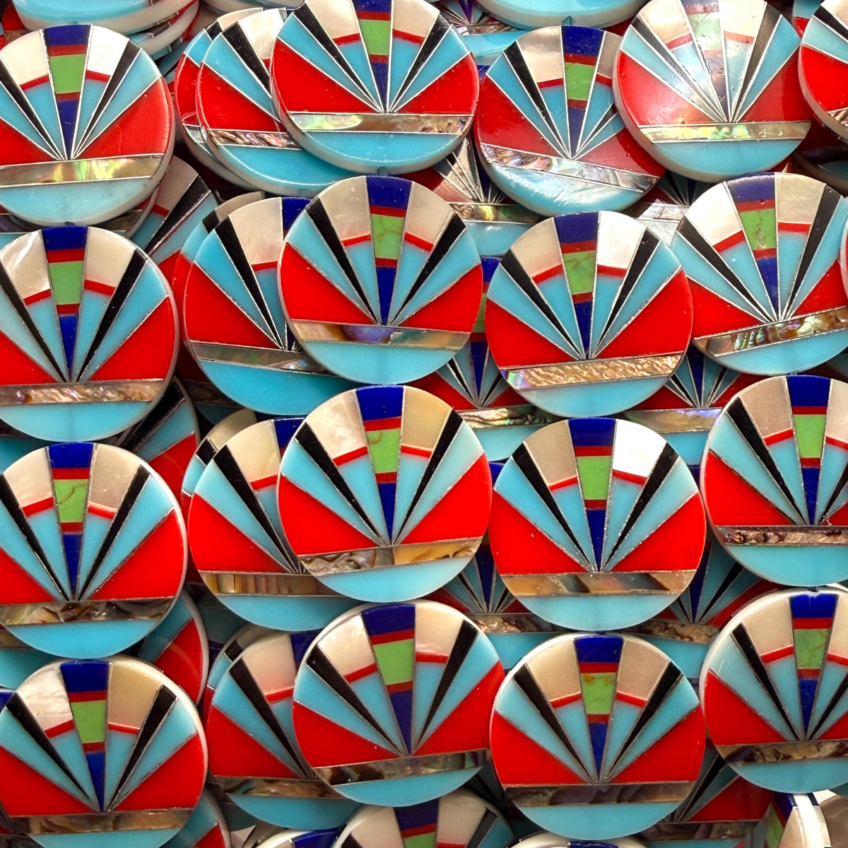 Native Style Inlay Beads - Abalone, Turquoise, Lapis, Red Coral, Mother of Pearl & Onyx - Double Sided 20mm Coin- 8 Inches - 10 Beads (F414)