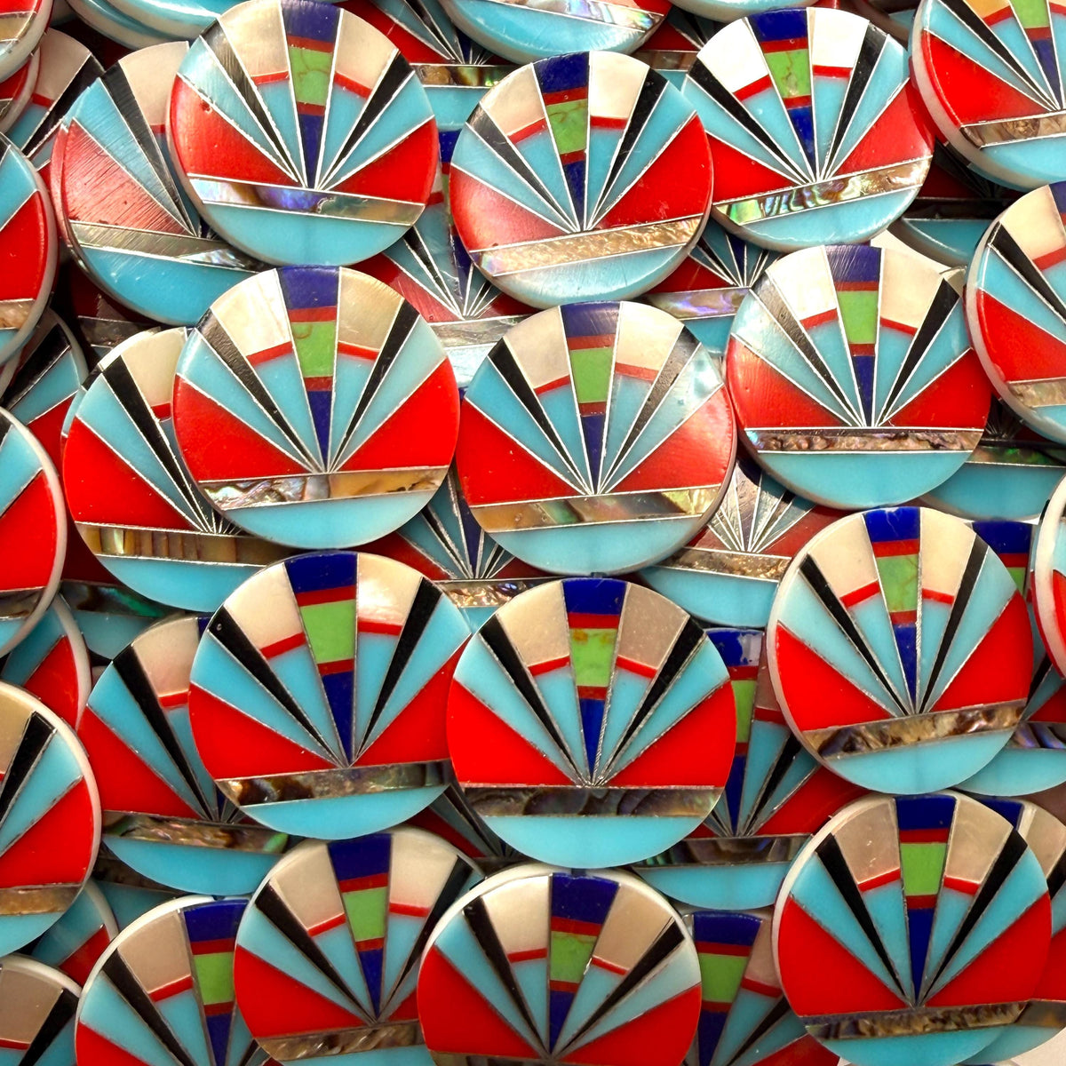 Native Style Inlay Beads - Abalone, Turquoise, Lapis, Red Coral, Mother of Pearl & Onyx - Double Sided 20mm Coin- 8 Inches - 10 Beads (F414)