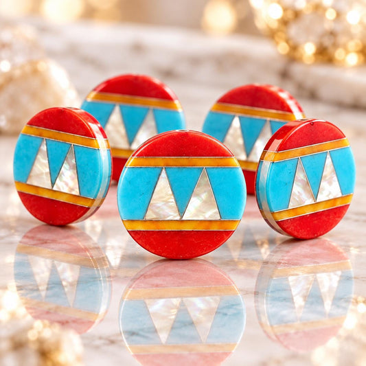 Native Style Inlay Beads - Spiny Oyster Shell, Turquoise, Red Coral and Mother of Pearl - Double Sided 20mm Coin - 10 Beads (F415)