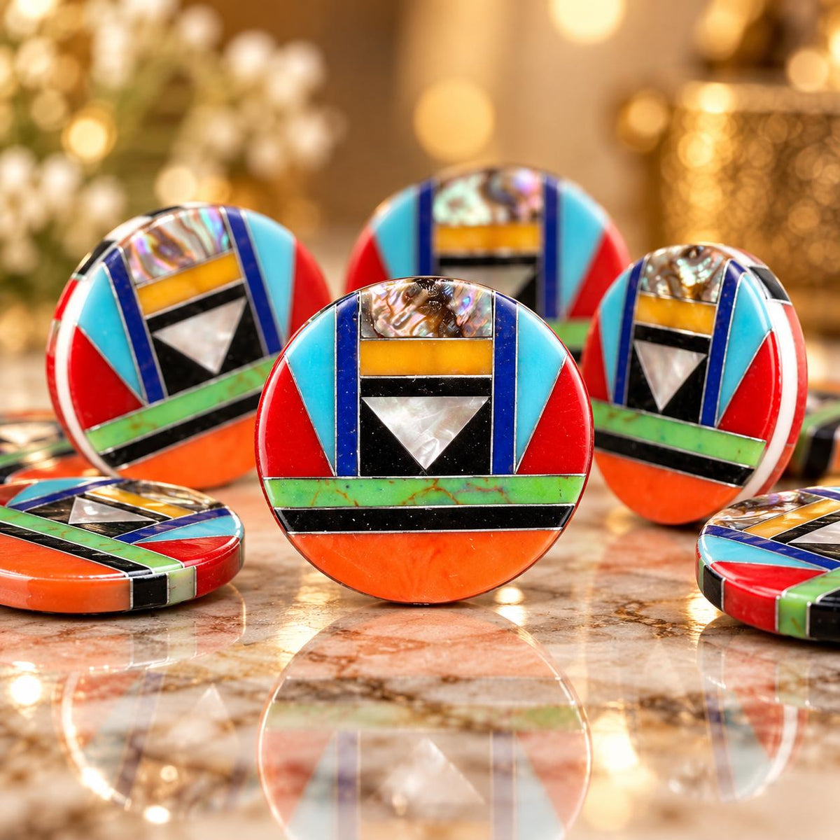 Native Style Inlay Beads - Spiny Oyster Shell, Abalone, Lapis, Turquoise, Coral, MOP and Onyx - Double Sided 20mm Coin - 10 Beads (F416)