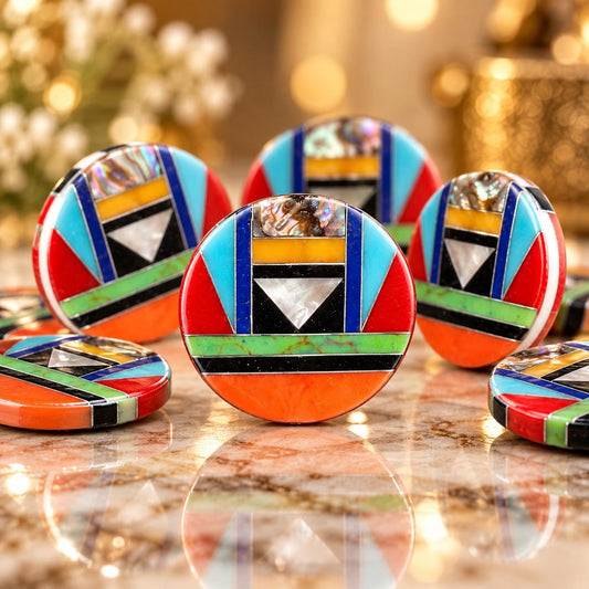 Native Style Inlay Beads - Spiny Oyster Shell, Abalone, Lapis, Turquoise, Coral, MOP and Onyx - Double Sided 20mm Coin - 10 Beads (F416)