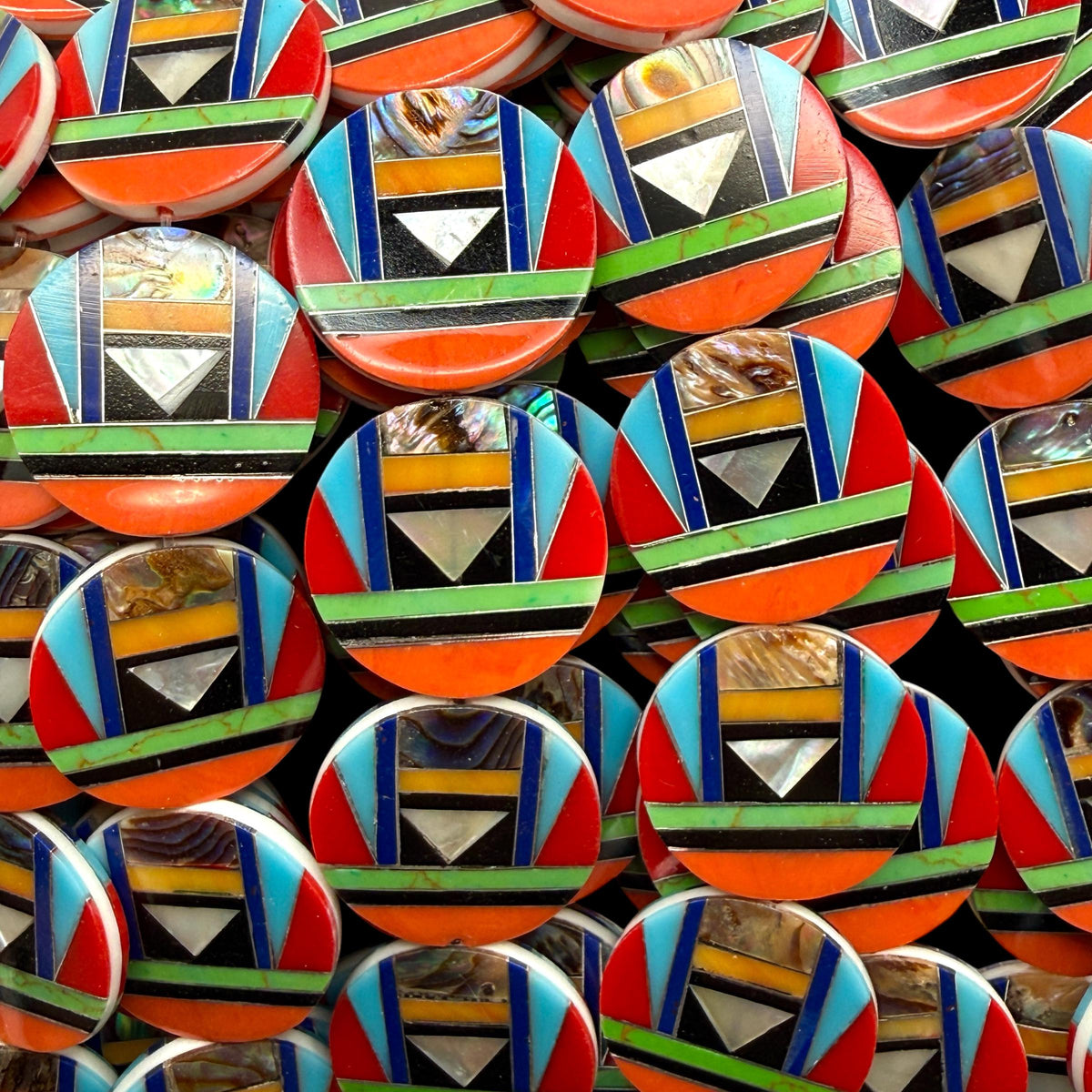 Native Style Inlay Beads - Spiny Oyster Shell, Abalone, Lapis, Turquoise, Coral, MOP and Onyx - Double Sided 20mm Coin - 10 Beads (F416)