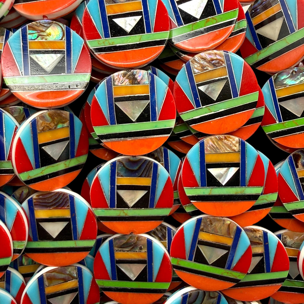 Native Style Inlay Beads - Spiny Oyster Shell, Abalone, Lapis, Turquoise, Coral, MOP and Onyx - Double Sided 20mm Coin - 10 Beads (F416)