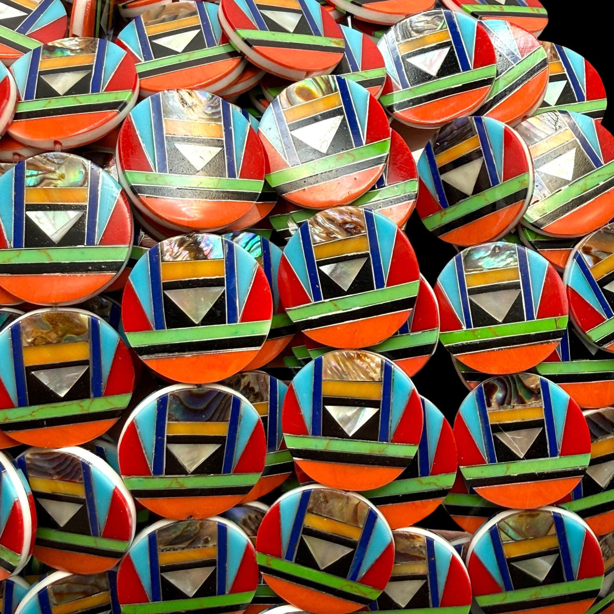 Native Style Inlay Beads - Spiny Oyster Shell, Abalone, Lapis, Turquoise, Coral, MOP and Onyx - Double Sided 20mm Coin - 10 Beads (F416)