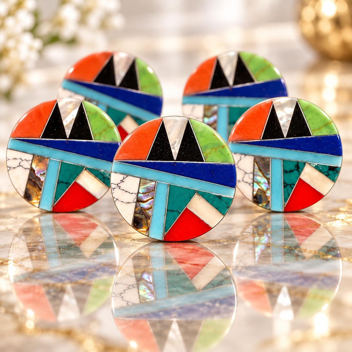 Native Style Inlay Beads - Abalone, Turquoise, Lapis, Coral, Mother of Pearl & Black Onyx- Double Sided 20mm Coin - 8 Inches 10 Beads (F417)