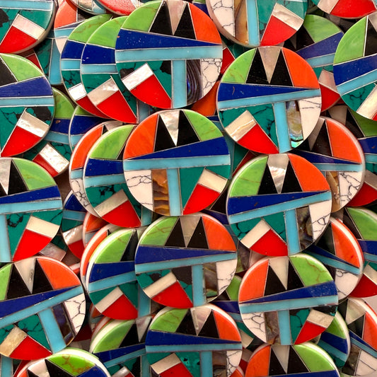 Native Style Inlay Beads - Abalone, Turquoise, Lapis, Coral, Mother of Pearl & Black Onyx- Double Sided 20mm Coin - 8 Inches 10 Beads (F417)