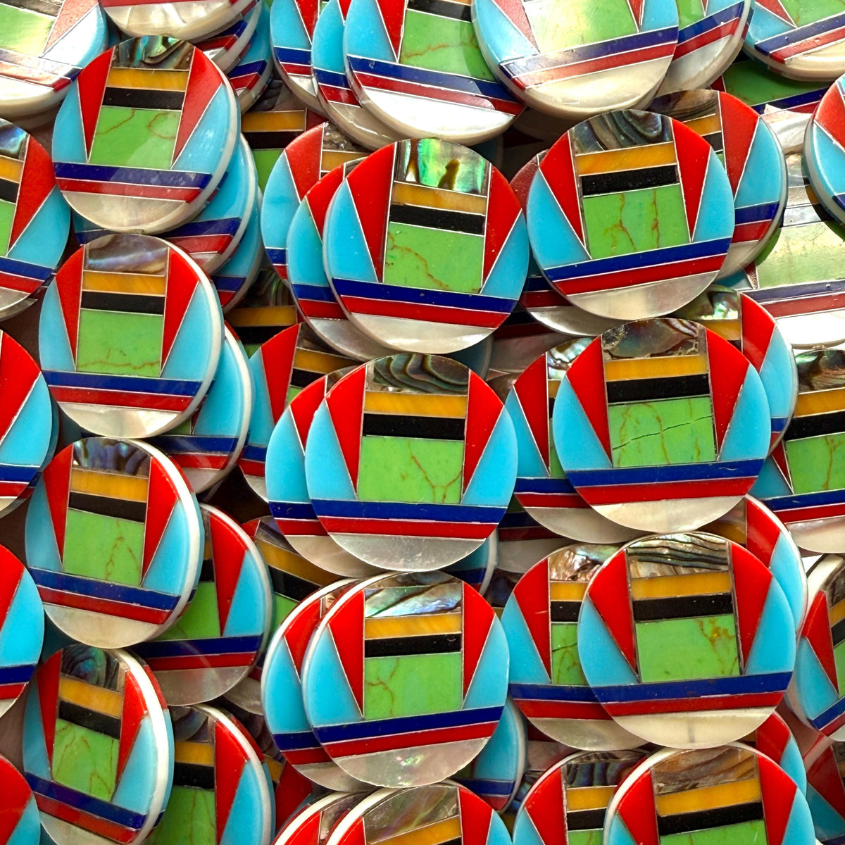 Native Style Inlay Beads - Abalone, Turquoise, Lapis Lazuli, Coral, Mother of Pearl and Black Onyx- Double Sided 20mm Coin - 10 Beads (F418)